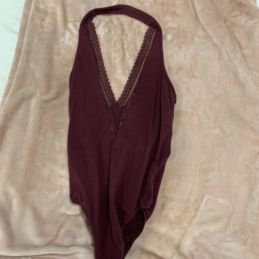Maroon halter top body suit with lace details!